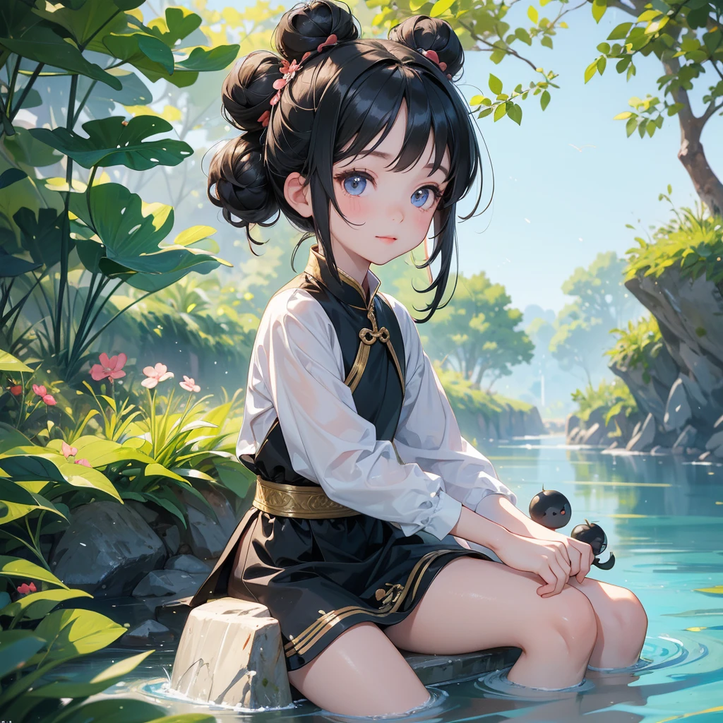 A chibi child girl had a small face and Wearing white little Taoist priest's outfit. A pair of big round eyes shone with curiosity about him. This child was so cute! ,her hair is black with two buns on her hair.small chibi, chibi baby, smiling,The little chibi baby looked up with his chest raised, and his face was old and proud.

Sitting fishing next to a green stream, a blue river full of fish. flowing slowly