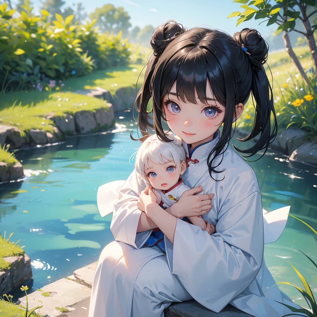 A chibi  girl had a small face and Wearing white little Taoist priest's outfit. A pair of big round eyes shone with curiosity about him. This childso cute! ,her hair is black with two buns on her hair.small chibi, chibi baby, smilThe little chibi boked up with chest raised, and his face was old and proud.

Sitting fishing next to a green stream, a blue river full of fish. flowing slowly