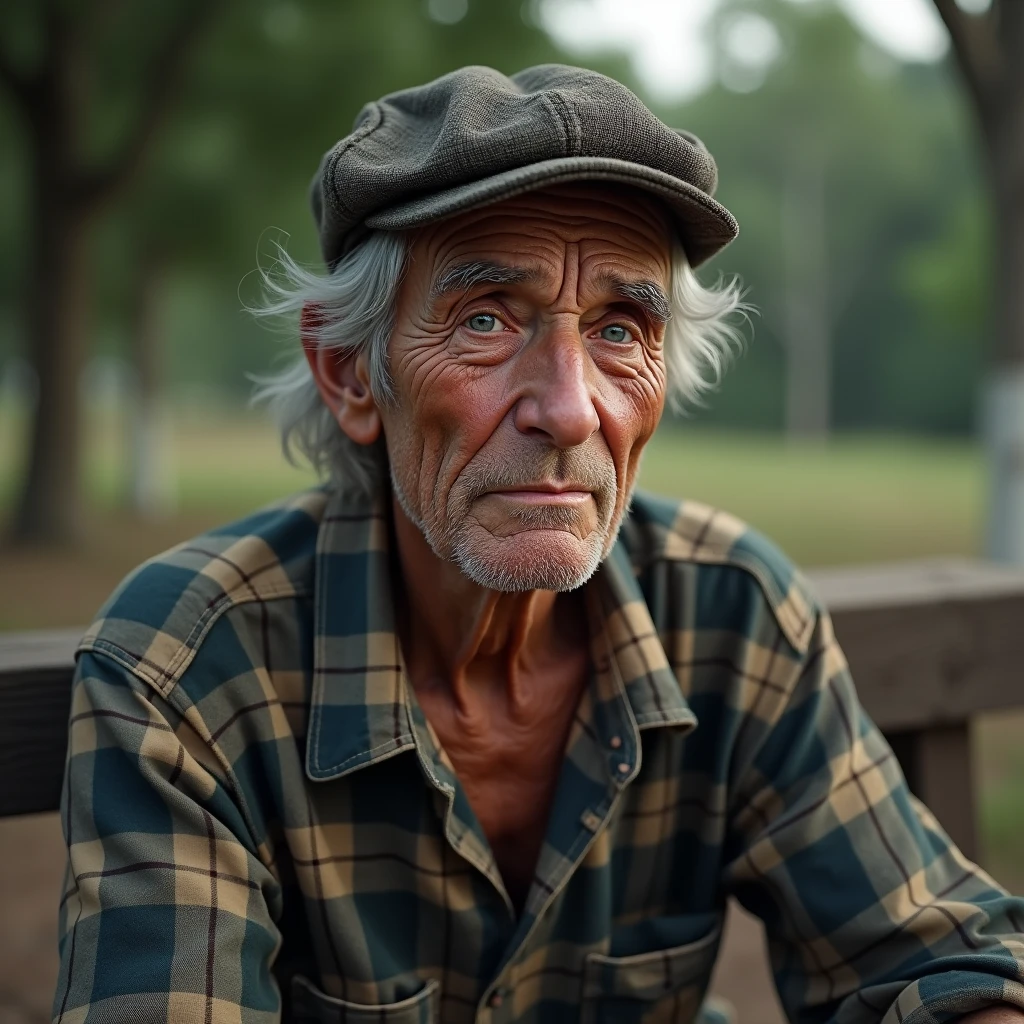 A super high-resolution, ultra-detailed, hyperrealista,, An elderly man with deep wrinkles and sun-weathered skin. His gray hair is thin and disheveled, and his piercing blue eyes are filled with wisdom and life experiences. He wears a simple plaid shirt, slightly faded, and a worn-out flat cap. The light is soft, highlighting the texture of his skin and the subtle glint in his eyes as he sits on a rustic wooden bench in a quiet park."