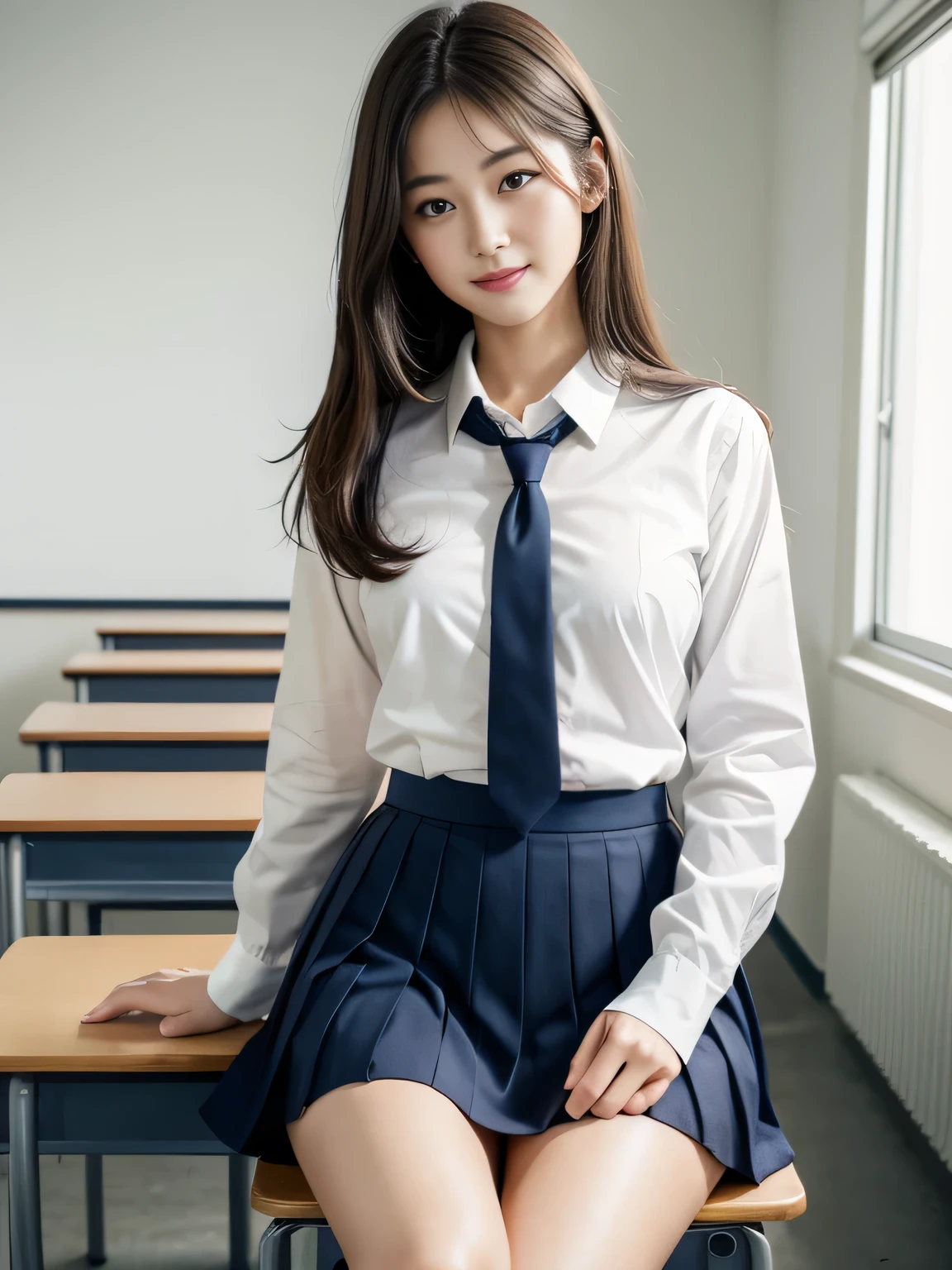 Highest quality, Soft Light, Ultra-high resolution, (Realistic:1.4), RAW Photos, whole body、Knee Shot, Of Japanese, alone, cute, (pupil, Light in your eyes), Beautiful face in every detail, (Long Hair), Natural skin texture, indoor, Schoolgirl Uniform、White shirt, tie, Dark navy pleated skirt, In a high school classroom, Looking at the audience, smile