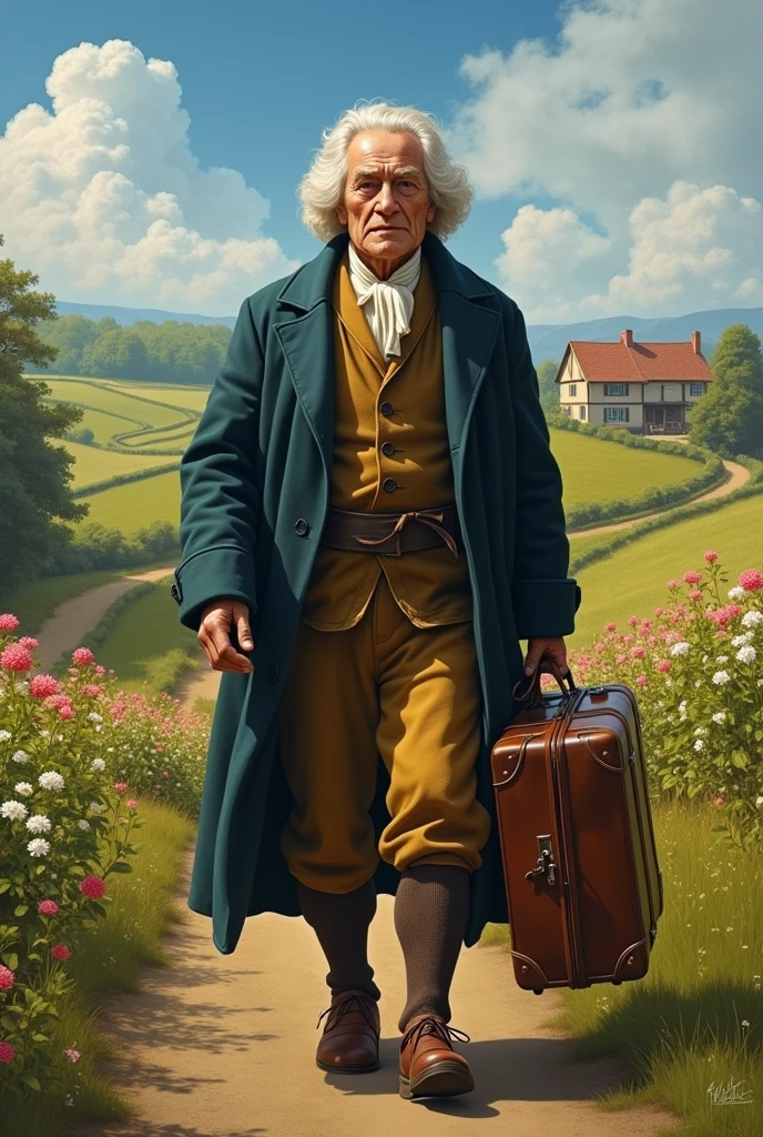 Isaac newton returning home to farm holding luggage in outdoor