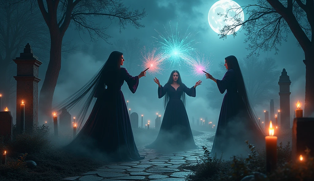 (best quality,4k,8k,highres,masterpiece:1.2),ultra-detailed,(realistic,photorealistic,photo-realistic:1.37),Group of enigmatic witches, (nsfw huge breasts:1.5), communing with spirits and phantoms in a mist-shrouded graveyard under the light of a full moon, intricate magical sigils,dark,moonlit,spellbinding atmosphere,dramatic lighting,ethereal beauty,luxurious velvet gowns, gothic, rainbow-hued sparks,mesmerizing movements,spell-casting elegance,whispered incantations,spiraling energy,enchanted symbols,flickering candles,breathtaking spectacle,rippling arcane energy,otherworldly strength,powerful enchantments,mysterious aura,magical prowess,unleashing raw power,dynamic poses,mesmerized spectators,stupefied awe,enchanted onlookers,vivid colors,spellbound onlookers,hypnotic performance,unmatched elegance,transformative magic,enchanted wands,breathtaking duel,clashing spells,room filled with anticipation,grandeur and enchantment,spell-battling witches,mesmerizing duet,energy crackling in the air,riveted gazes,spellbinding choreography,empowered witches,thrilling display of magical artistry.(perfect face:1.6), (perfect realistic skin texture:1.5), (perfect eyes:1.5), photorealism, (sfw huge breasts:1.6)