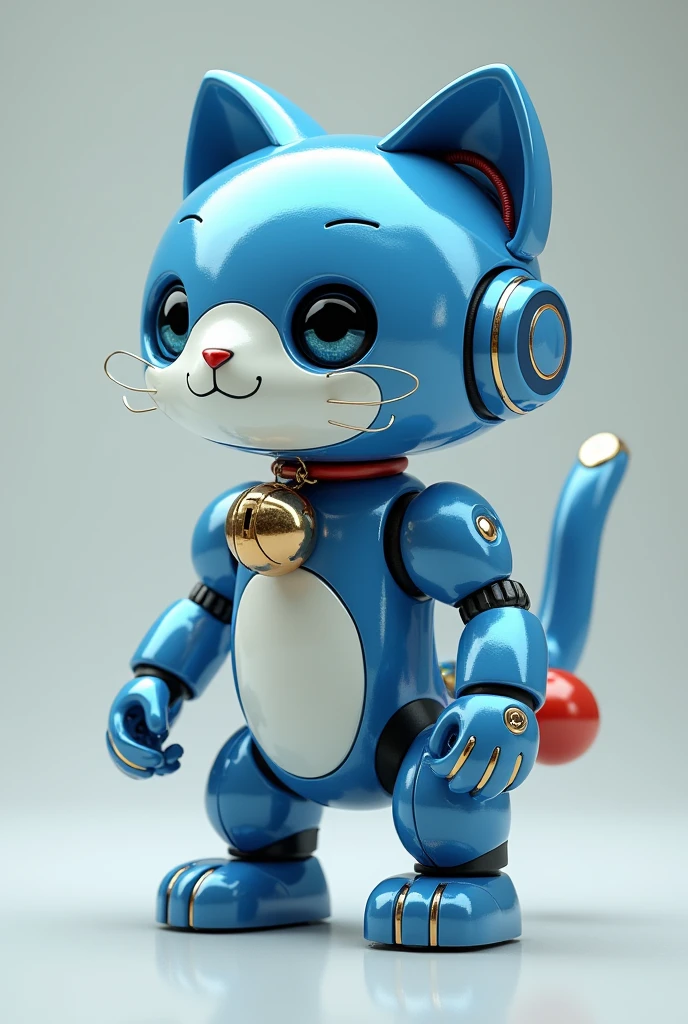 Draw a blue cat robot, Make them bipedal, Walk on two legs, Put a bell on the collar, Whiten the face and belly, Put a pocket on your belly.
I laughed, made my hands and feet white, took off my tail, and put a red ball on my butt.