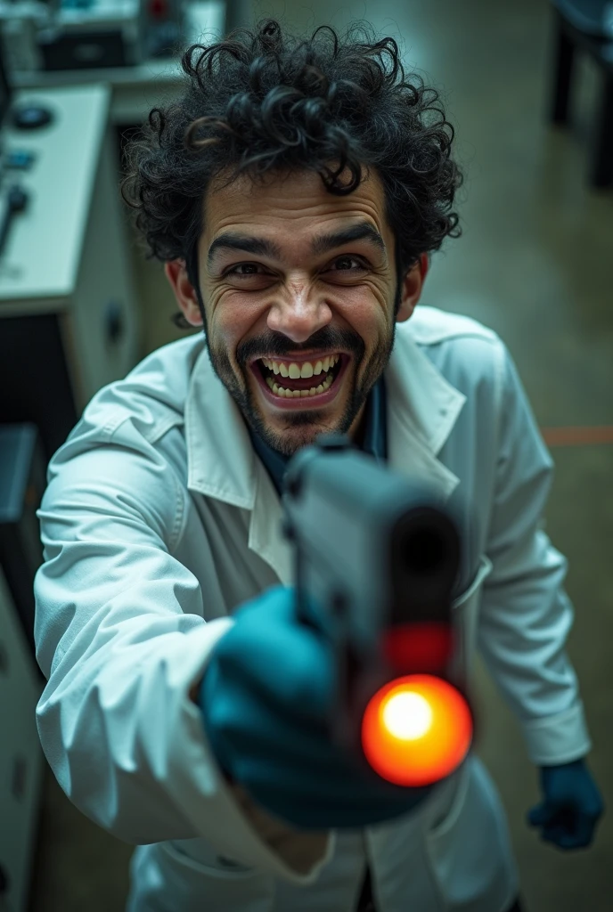 photo of a thin male scientist with short curly black hair wearing a chemical lab coat and safety gloves smiling widely like a psychopath while holding an electromagnetic pulse gun that is standby in an electric power research laboratory, the photo was taken from directly above and highlights the face down to the feet