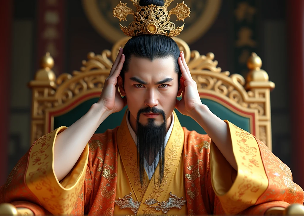 (Perfect details: 1.5, 8K wallpaper, masterpiece, best quality, ultra-detailed) A man, emperor, delicate facial features, Asian face, short black hair, fine hair, tied hair, golden silk embroidered dragon robe, Hanfu, sitting on a dragon chair, hands on the head, palace background, ancient golden emperor crown