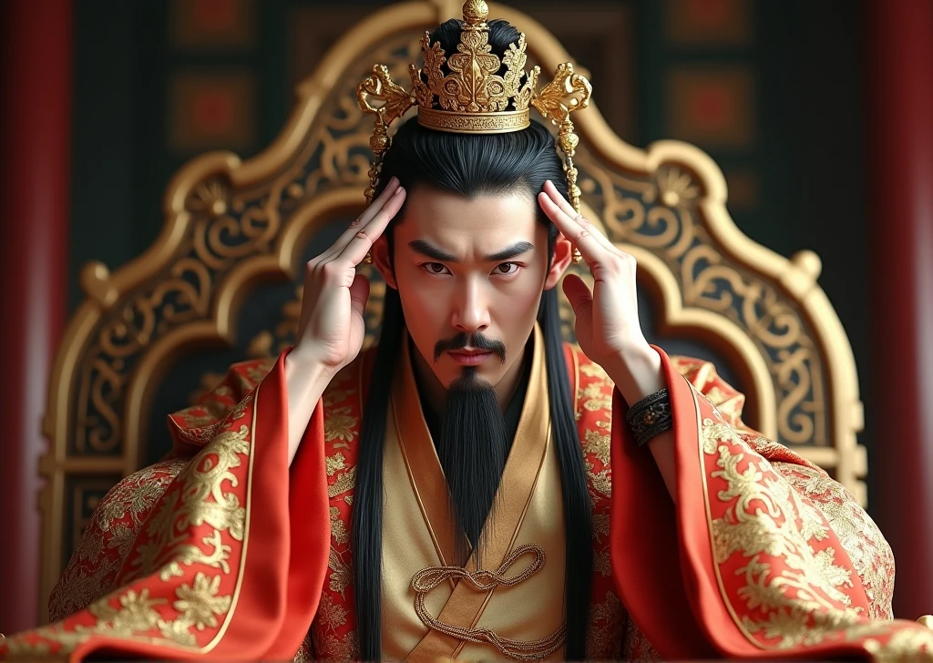 (Perfect details: 1.5, 8K wallpaper, masterpiece, best quality, ultra-detailed) A man, emperor, delicate facial features, Asian face, short black hair, fine hair, tied hair, golden silk embroidered dragon robe, Hanfu, sitting on a dragon chair, hands on the head, palace background, ancient golden emperor crown