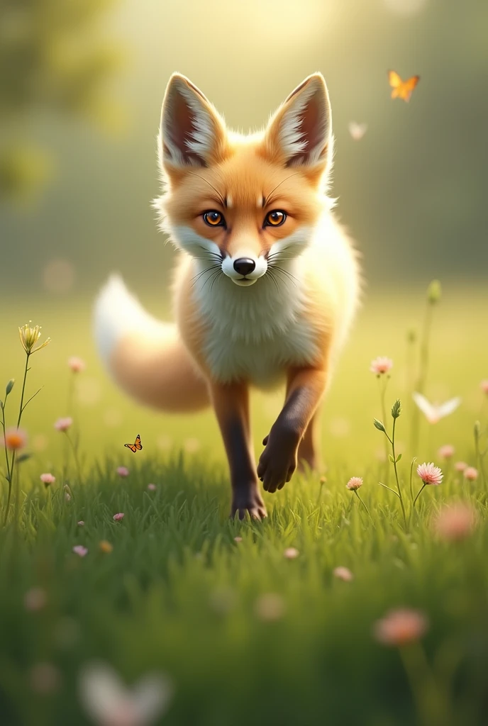 A Creme colored Fox walking in a Field on all Four paws.