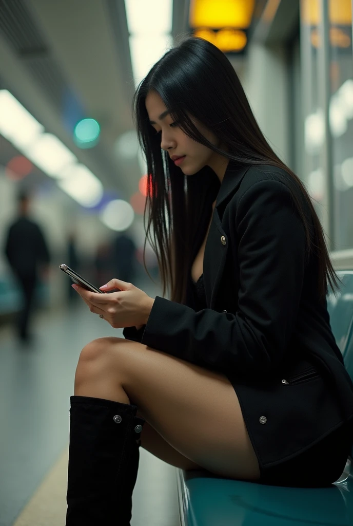 ultra realistic, photography, portrait, close-up, extreme close-up, long black straight hair, (30 years old, hazel eyes, hourglass figure, perfect fit body, natural big breasts), femme fatale, a beautiful girl wearing a black jacket, checking her phone, pantyhose, high boots, shorts, sitting on a bench in a subway station, leaning back, artifical lights, she has her legs crossed, perfect perspective, from the left, profile, masterpiece, best quality, european woman