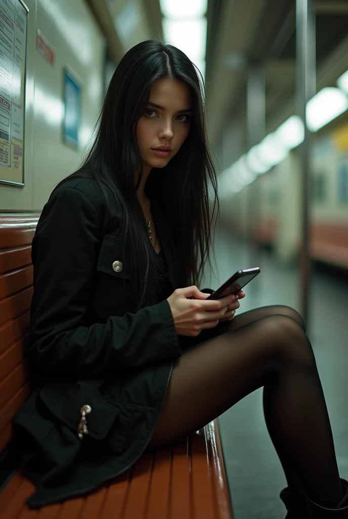 ultra realistic, photography, portrait, close-up, extreme close-up, long black straight hair, (30 years old, hazel eyes, hourglass figure, perfect fit body, natural big breasts), femme fatale, a beautiful girl wearing a black jacket, checking her phone, pantyhose, high boots, shorts, sitting on a bench in a subway station, leaning back, artifical lights, she has her legs crossed, perfect perspective, from the left, profile, masterpiece, best quality, european woman