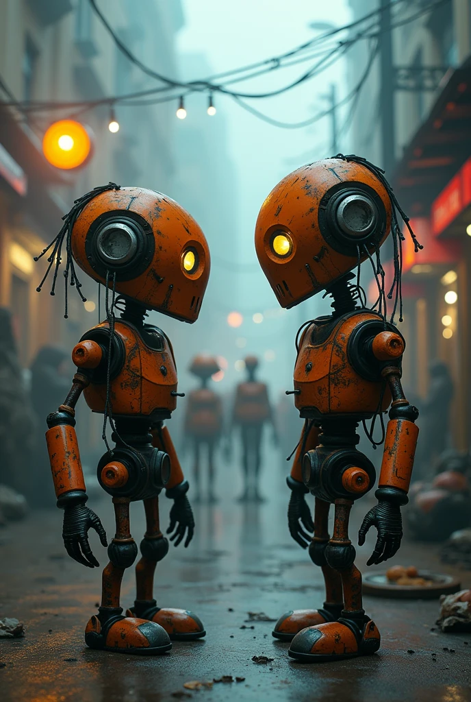 Cyber foggy style destopik street with two old destroyed orange metallic fringed with cables from their faces, talking to each other, destopyc cyberpunk street with other robots in the street their orange masks are orange and grunge and their eyes are lights,foggy street with some light spots