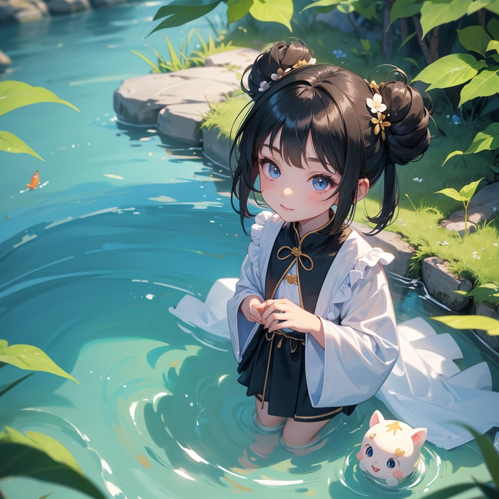 A chibi child girl had a small face and Wearing white little Taoist priest's outfit. A pair of big round eyes shone with curiosity about him. This child was so cute! ,her hair is black with two buns on her hair.small chibi, chibi baby, smiling,The little chibi baby looked up with his chest raised, and his face was old and proud.
Sitting fishing next to a green stream, a blue river full of fish. flowing slowly