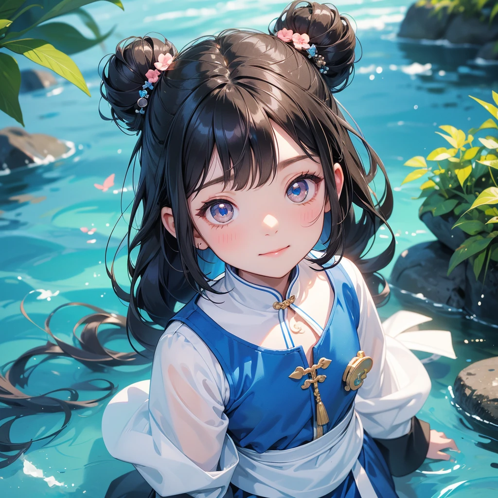 A chibi child girl had a small face and Wearing white little Taoist priest's outfit. A pair of big round eyes shone with curiosity about him. This child was so cute! ,her hair is black with two buns on her hair.small chibi, chibi baby, smiling,The little chibi baby looked up with his chest raised, and his face was old and proud.
Sitting fishing next to a green stream, a blue river full of fish. flowing slowly