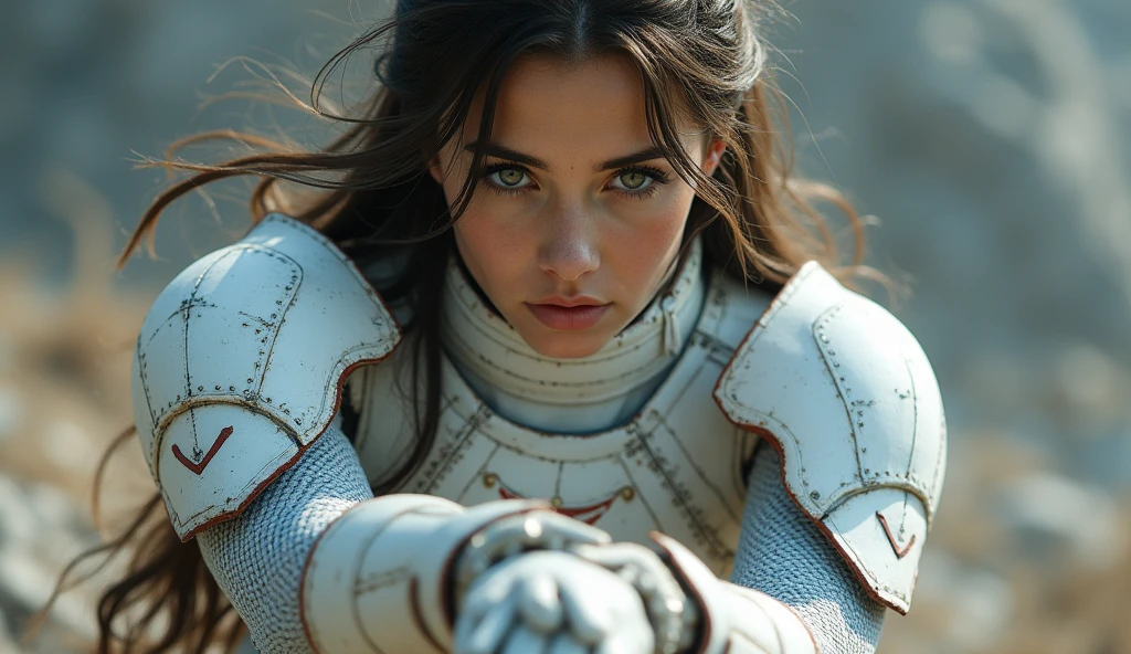 front_watch, Masterpiece, best quality, realistic, raw photos, (1 girl, looking at watcher), long hair, White armor, Complex armor, The pattern is a delicate blue line., Intricate patterns, Red metal parts, As for the details, dynamic gesture, Detailed background, dynamic light,