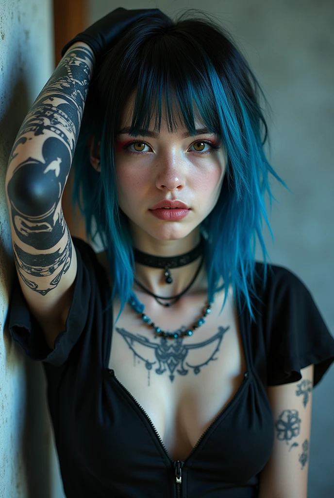 A 2 white-skinned girl
Punk hair from blue to black
With piercings in the left eyebrow and left ear
Wearing a short-sleeved punk gothic blouse
With tattoos on the chest
With the left arm really painted matte black
With the left arm really painted matte black