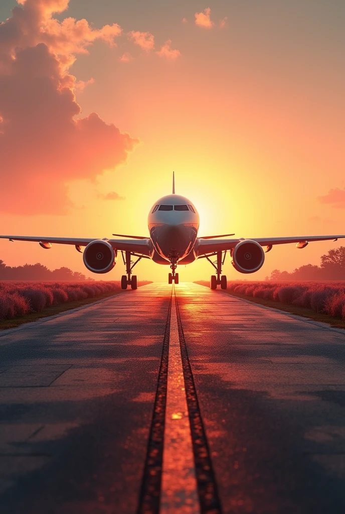 Create an airplane runway in the background of a more natural sunset, change the green area, add an electric three-story airplane with an animal footprint