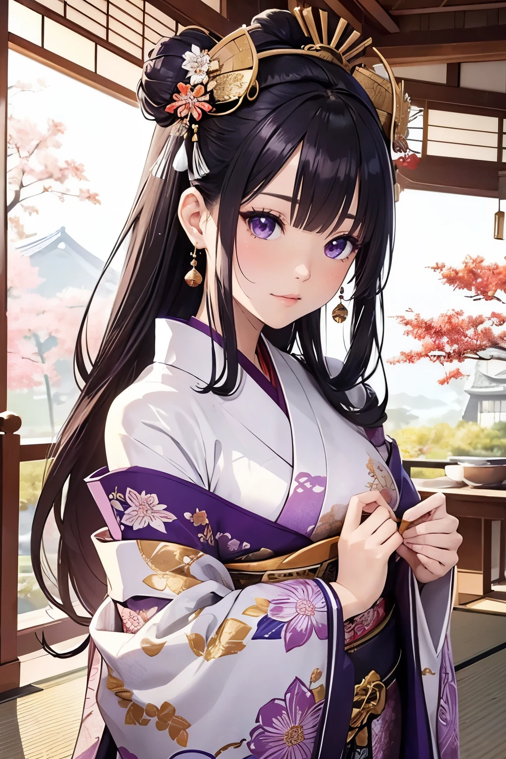 A Japanese fabric pattern with traditional purple, white and gold colors, featuring intricate designs of geisha figures surrounded by autumn Leaf and autumn Flower, with subtle floral patterns in the background. The design is elegant and richly textured, reflecting classic Japanese aesthetics. It's perfect for high-end textile applications or as an artistic wallpaper in the style of traditional Japanese designs. flowding Bright crystal