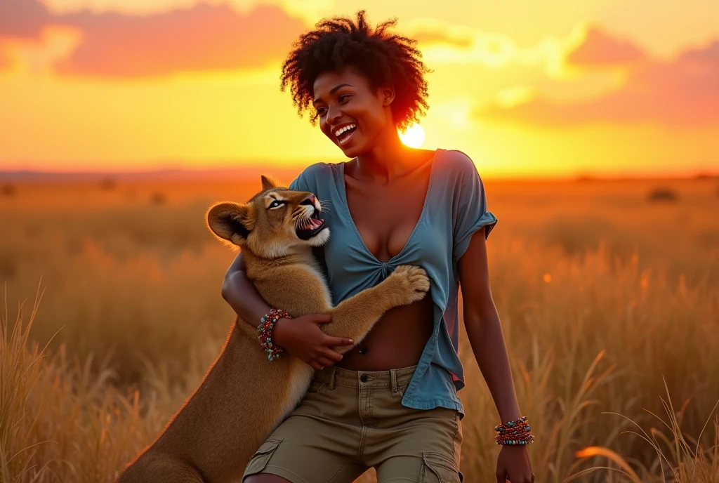 A dynamic, photorealistic image capturing a playful moment. It features a young African woman with short, curly black hair, laughing as she playfully wrestles with a mischievous lion cub. She is dressed in comfortable khaki shorts and a loose blue t-shirt that is completely torn, especially around her chest area. The t-shirt is ripped open, revealing a significant portion of her breasts, emphasizing the extent of the damage to her clothing. Her eyes sparkle with joy. The lion cub playfully bites at her torn t-shirt while she gently tries to hold it back. The two are positioned in the middle of a field of tall, golden grasses, with a spectacular sunset casting a warm glow over the scene. The woman wears a beaded bracelet. The sun is positioned just behind her, creating a backlit effect