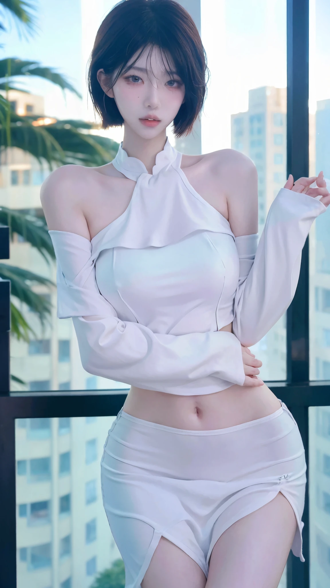 Beautiful woman with perfect figure:1.4,4K,Supermarket background,Big Breasts,cute,Ultra-high resolution,Seductive laughter,White legs,(Lifelike:1.4),Layered hairstyle,White skin,Dress outfit,whole body,Very delicate face and skin texture,Double eyelids,Skin Whitening,White hair,