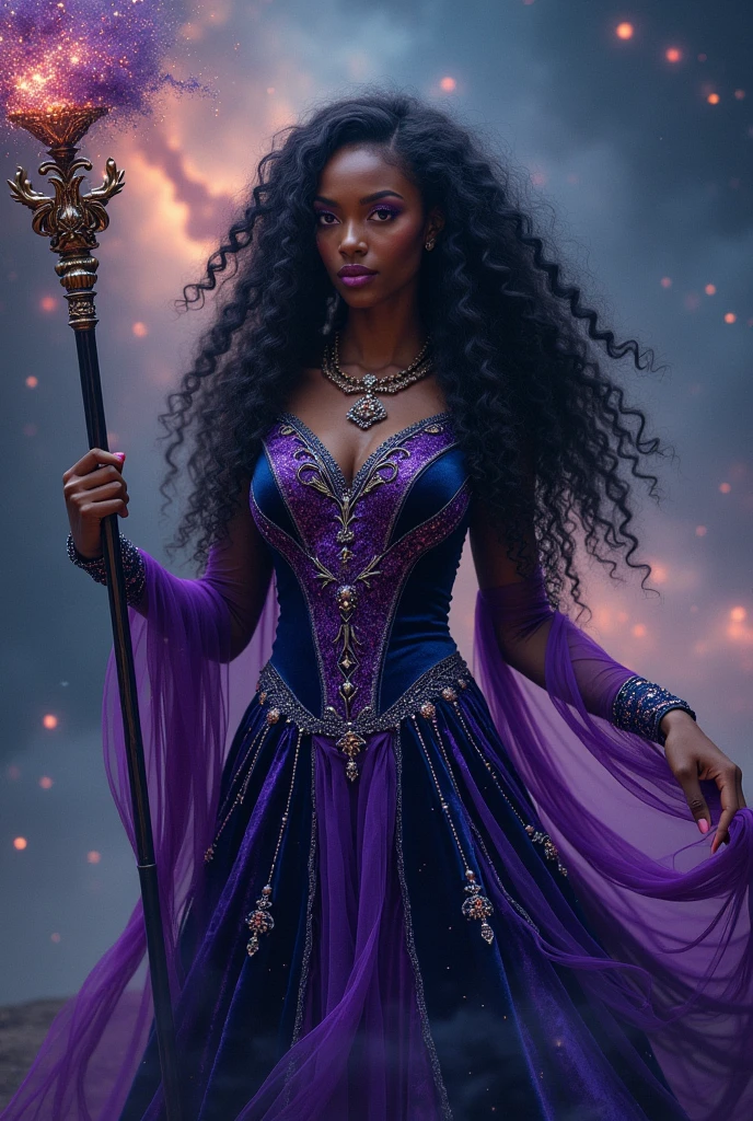 enchantress, skin black, long curly hair, purple and navy blue velvet shimmer dress, long magic stick, galaxy stars