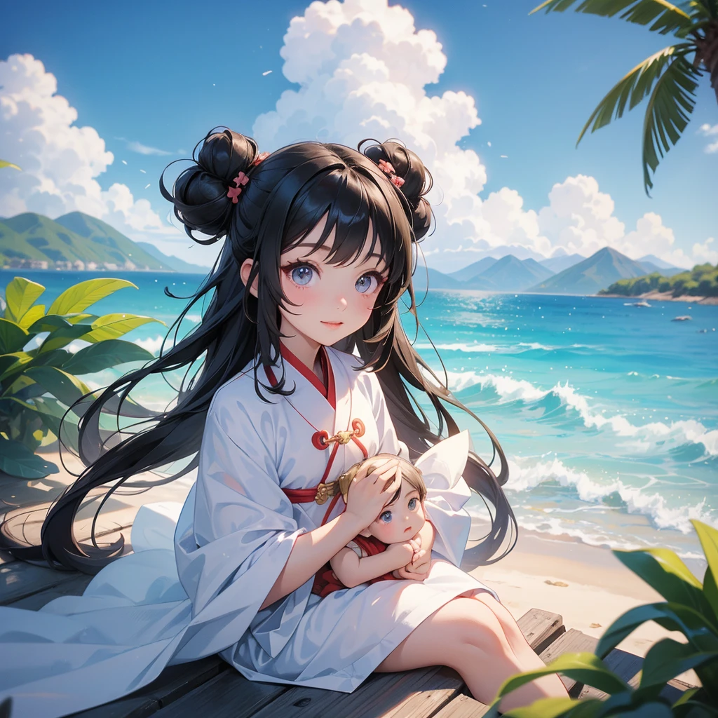 A chibi child girl had a small face and Wearing white little Taoist priest's outfit. A pair of big round eyes shone with curiosity about him. This child was so cute! ,her hair is black with two buns on her hair.small chibi, chibi baby, smiling,The little chibi baby looked up with his chest raised, and his face was old and proud.

Sitting fishing By the blue sea Under the coconut tree Behind there are mountains, with low, lazily floating clouds.