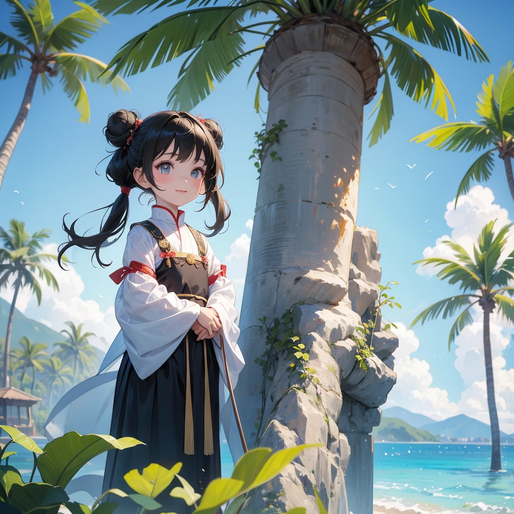 A chibi child girl had a small face and Wearing white little Taoist priest's outfit. A pair of big round eyes shone with curiosity about him. This child was so cute! ,her hair is black with two buns on her hair.small chibi, chibi baby, smiling,The little chibi baby looked up with his chest raised, and his face was old and proud.
Sitting fishing By the blue sea Under the coconut tree Behind there are mountains, with low, lazily floating clouds.