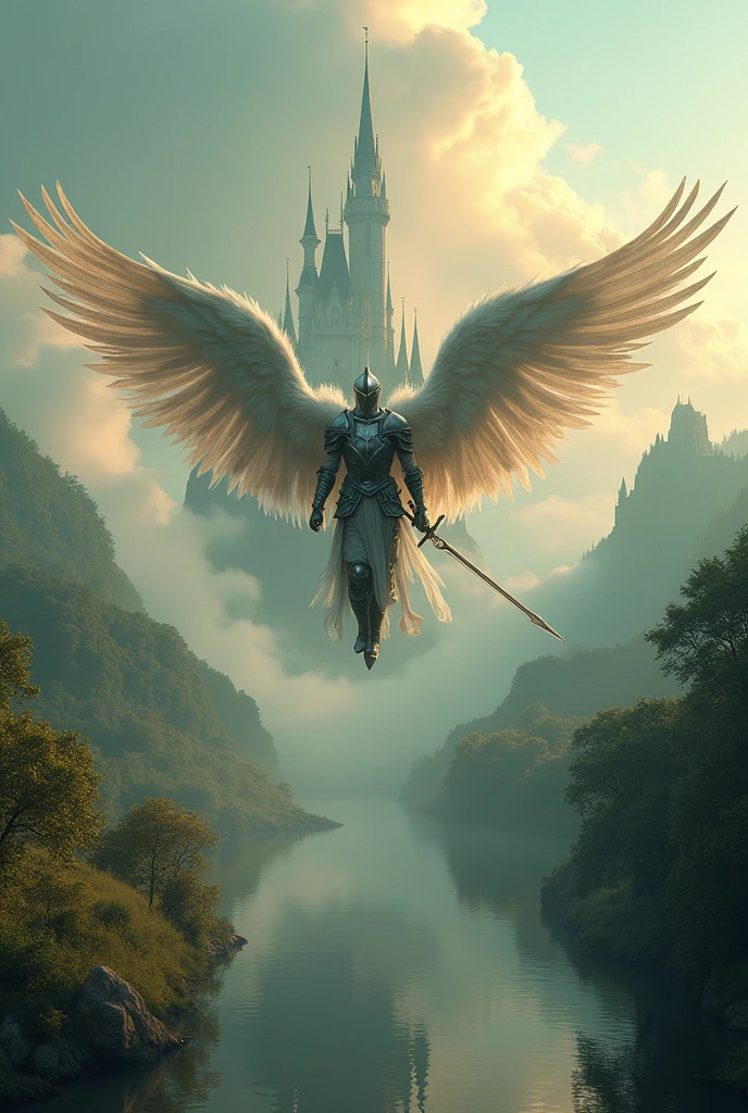 Create an ultra-realistic cinematic sky image, with trees lake also insert a castle in the clouds is to place a knight in armor holding a sword,with angel wings flying towards the castle that is in the sky with many clouds fantasy magical with blur background with a 50mm lens warm colors