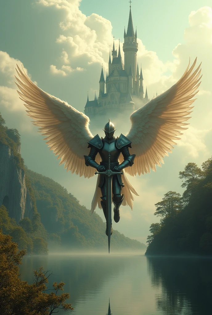 Create an ultra-realistic cinematic sky image, with trees lake also insert a castle in the clouds is to place a knight in armor holding a sword,with angel wings flying towards the castle that is in the sky with many clouds fantasy magical with blur background with a 50mm lens warm colors