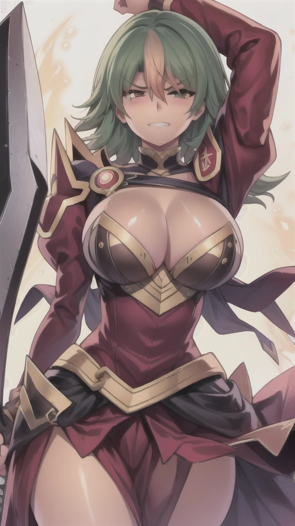 masterpiece,best quality,kim_kwang_hyun, 1girl, laegjarn fe,dark skin,(no headwear:1.4),,  solo, large Long hair, spiked green hair with yellow tones, huge breasts, looking at viewer, green eyes, eyepatch, Green  hair With yellow tones, Long spiked hair, eyepatch, tanned skin, large huge breasts, long sleeves, dress, cleavage, closed mouth, weapon, puffy sleeves, arm up, clothing cutout, copyright name, red dress, cleavage cutout, juliet sleeves , power armor, shoulder armor, large lenght spiked hair, Long spiked hair, Green eyes, eyepatch, tanned skin, angry eyes, evil grin