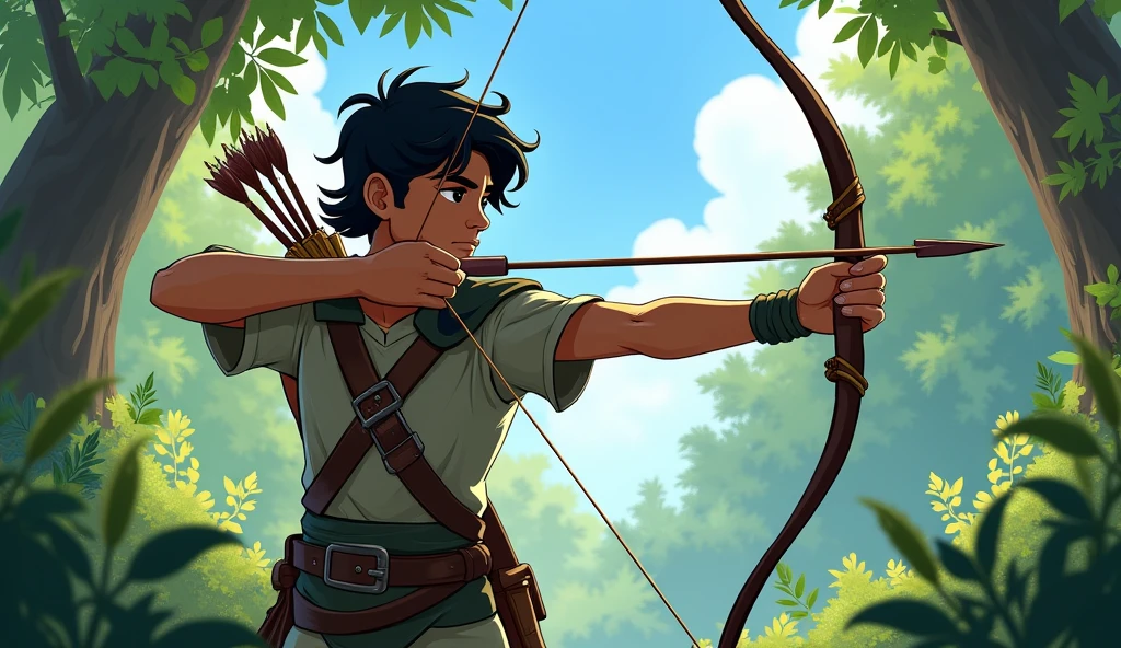 Arav practicing archery: Show Arav, the young warrior, practicing with a bow and arrow in a lush green forest. The background should include tall trees and a clear blue sky, with Arav’s focus evident on his target.