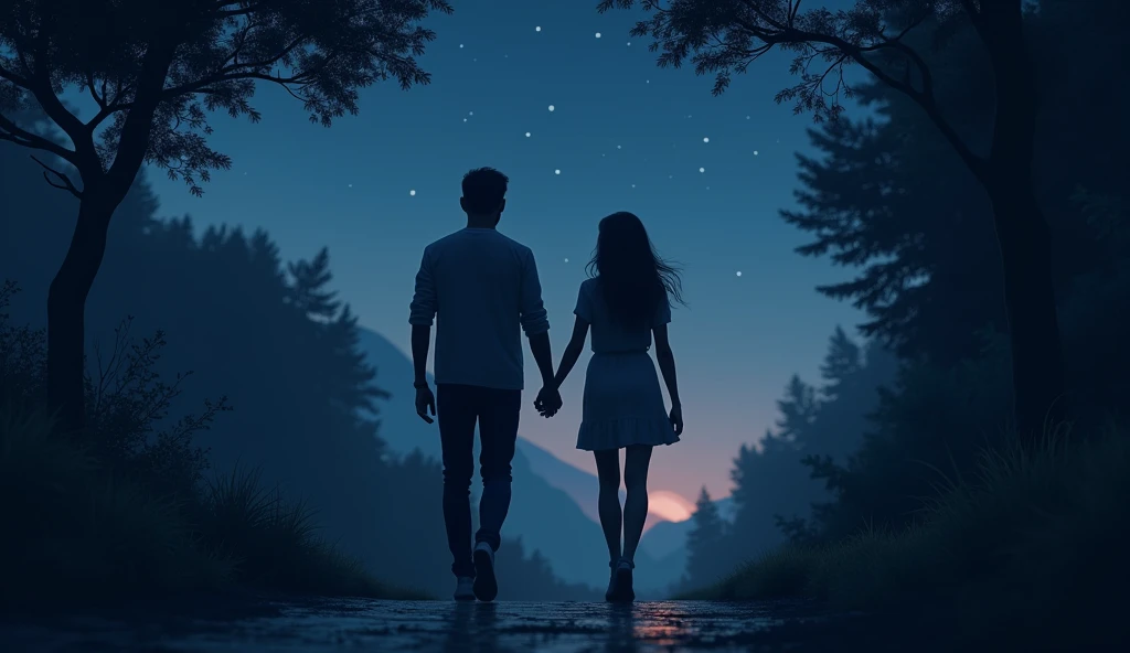 (ultra detailed), Back view of a man and woman walking hand in hand、night