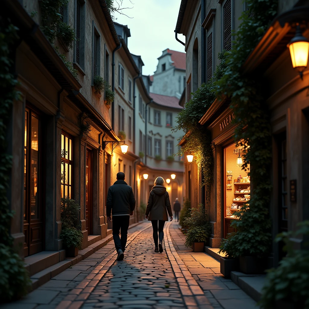 A super high-resolution, ultra-detailed, hyperrealista, A narrow, cobblestone street in an old European city at dusk. The warm glow of the setting sun casts long shadows across the buildings, whose facades are weathered and covered in ivy. A few people are walking, their figures slightly blurred by motion. Street lamps are just beginning to flicker on, and the windows of the shops and houses emit a soft, welcoming light. The air is thick with the scent of fresh bread from a nearby bakery.