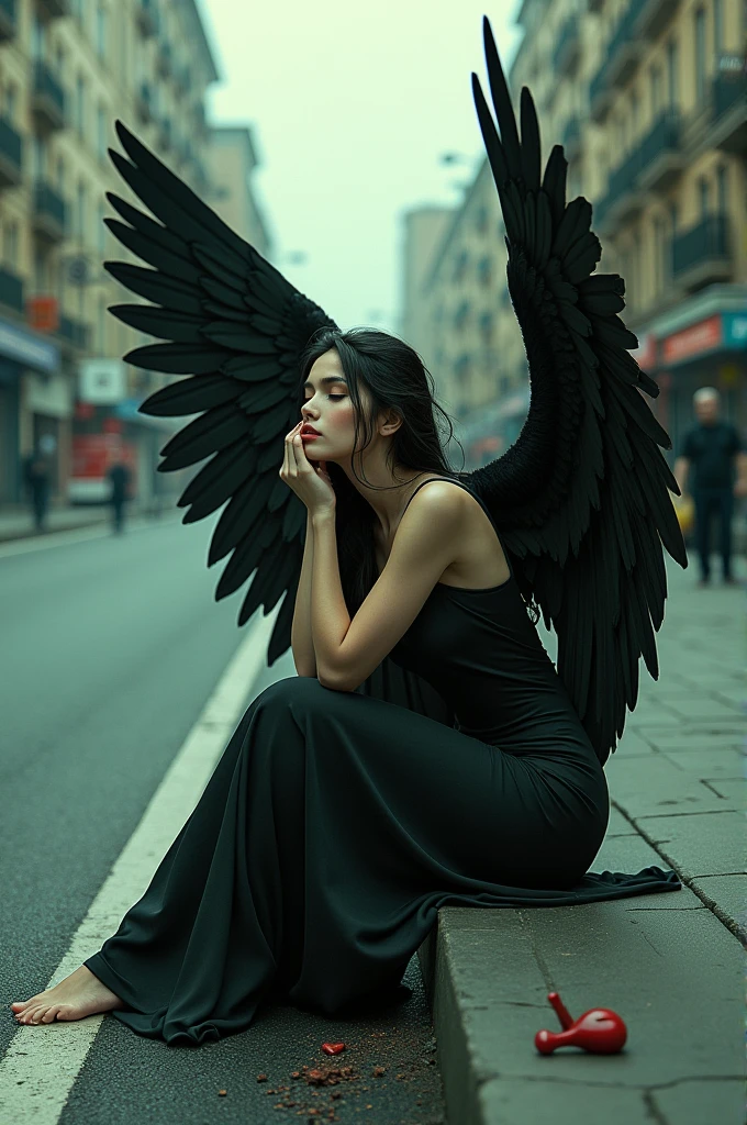 a woman with wings sitting on the side of a road, digital art, by Maksymilian Gierymski, tumblr, street art, black and green, human need death angel, sneaker photo, aetherpunk airbrush digital art, broken hearted, digital art - w 640, angel face, 2 angels, * colour splash *, poison, grieving incredibly beautiful professional composition, very fashionable and stylish --ar 9:16