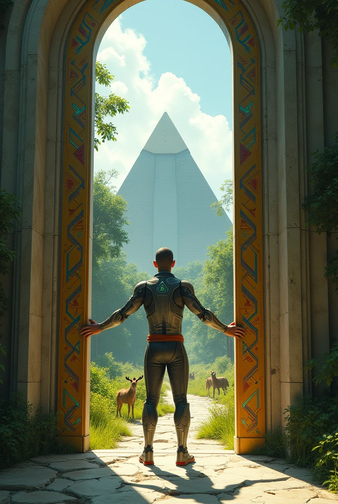 Un homme avec des vêtements futuristes pousse des deux mains des portes futuristes avec des figures géométriques de couleurs différentes sur la porte et devant lui une pyramide avec de l'herbe et des animaux ,le tout ressemblent à la peinture que j'ai publié