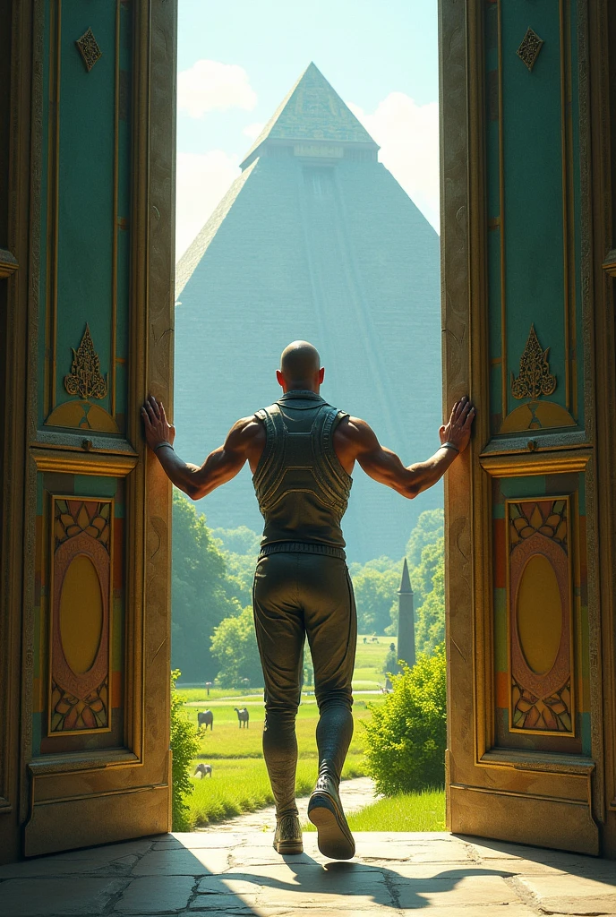 Un homme avec des vêtements futuristes pousse des deux mains des portes futuristes avec des figures géométriques de couleurs différentes sur la porte et devant lui une pyramide avec de l'herbe et des animaux ,le tout ressemblent à la peinture que j'ai publié
