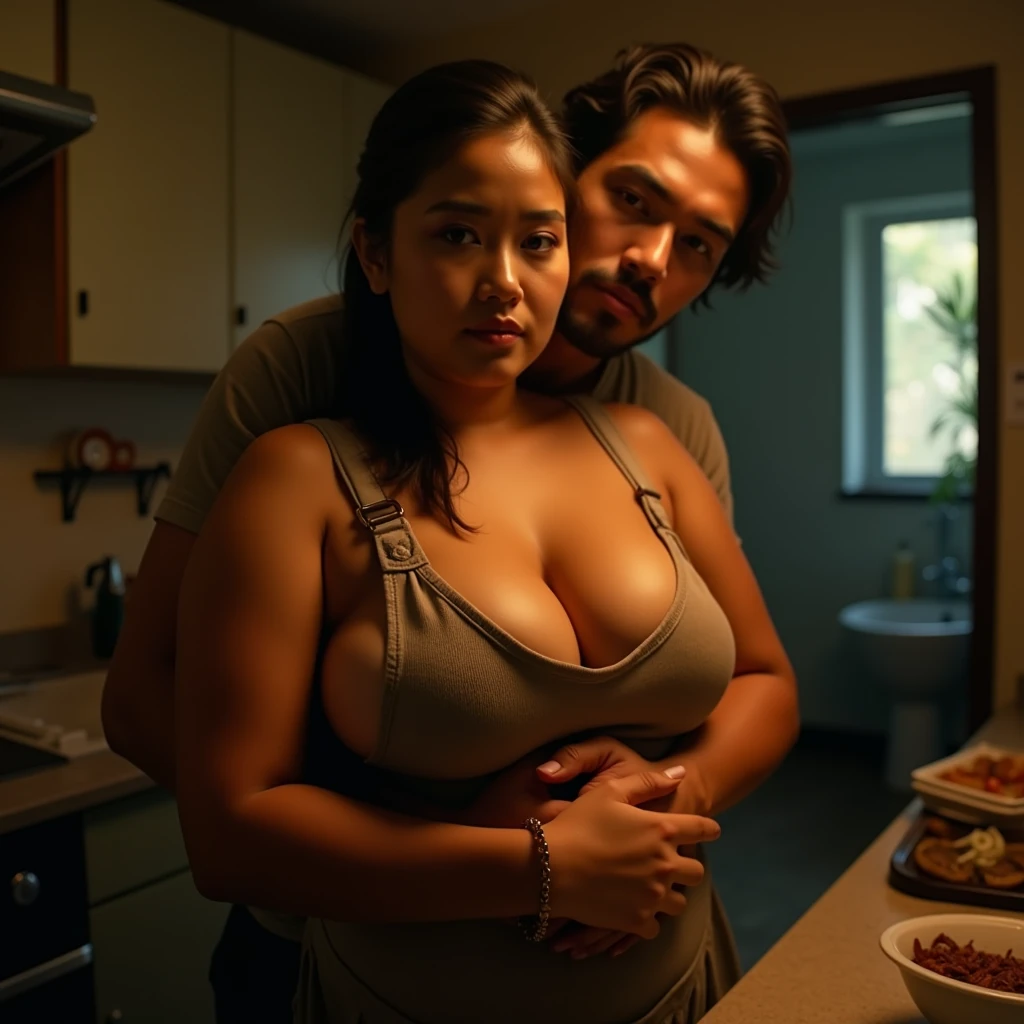 A beautiful indonesian woman, chubby and sexy body, tied hair , sweaty skin, wear sexy apron, huge breasts, sensual expression, cooking steak in the kitchen. Hug by a handsome indonesian boy from behind, look at the viewer, cinematic light, realistic photography, wide angle shot, detailed facial features, intricate clothing folds, soft lighting, warm color tone, bathroom, photorealistic, cinematic composition, high quality, 8k, masterpiece