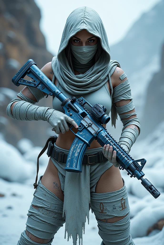 Pubgwoman character have a mumia skin and m4 gun is glaicer