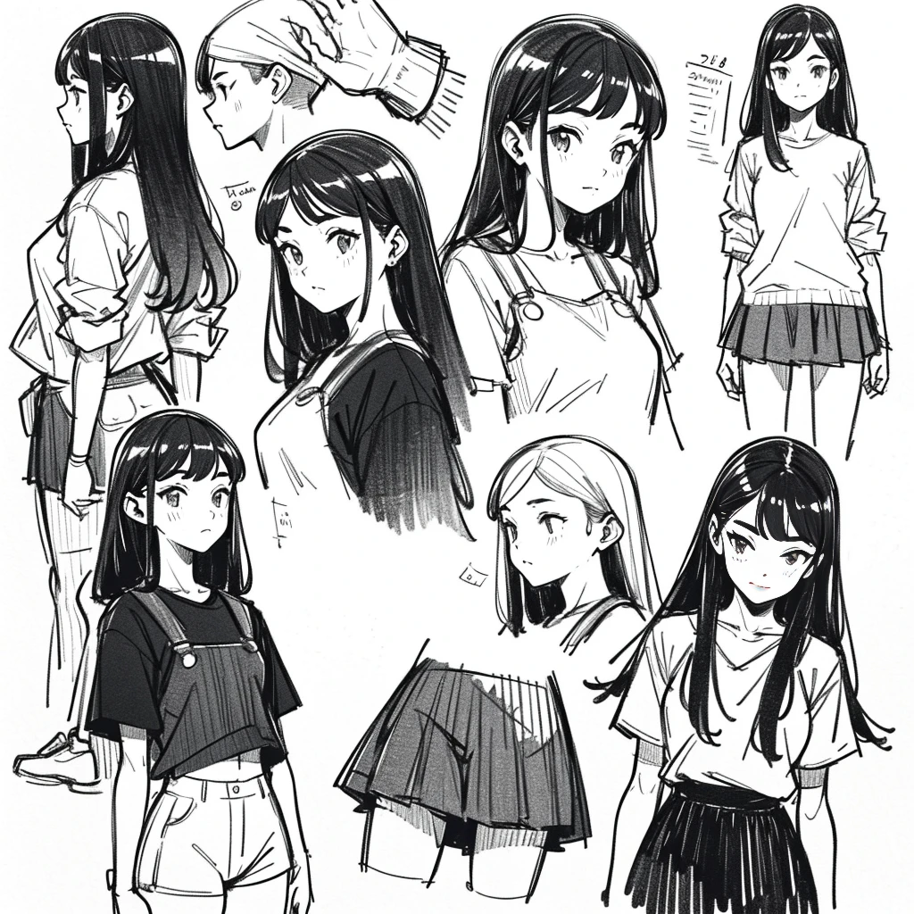 One Girl,Line art,Monochrome,sketch,Black and White,Pencil drawing,Traditional Media,sketch,One Girl, skirt,Cute , ,Beautiful portrait、Delicate body、Black Hair、Black Hair,landscape