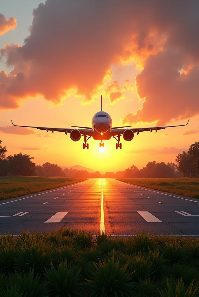 Create an airplane runway in the background, a more natural sunset, change the green area, add a three-story airplane
