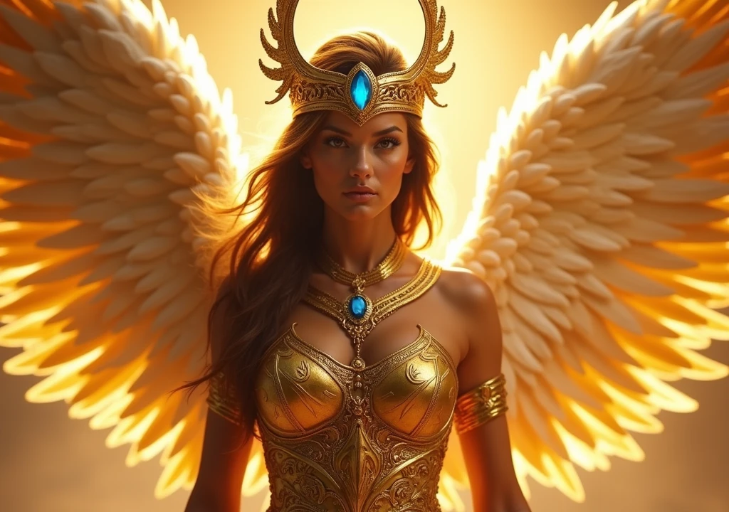 A photo of a majestic female figure adorned in golden armor, complemented by a crown featuring intricate designs and a prominent blue gem. She possesses expansive, feathered wings that radiate a golden hue. The background is ablaze with a golden light, accentuating the ethereal aura of the character. Her gaze is intense and focused, suggesting a sense of purpose or determination.