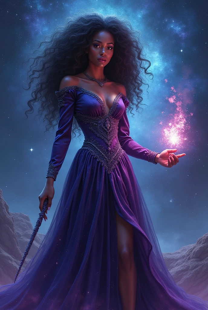 enchantress, skin black, long afro hair, purple and navy blue velvet shimmer dress, magic stick, galaxy stars