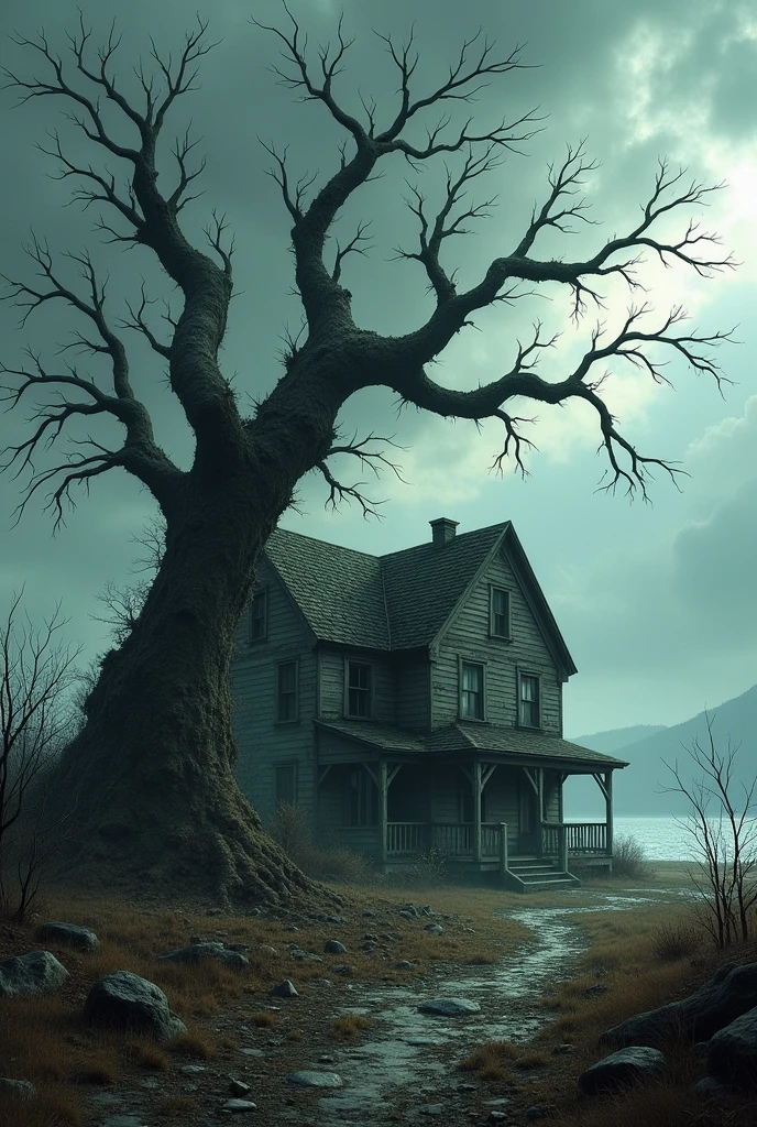 Old house ina darkest alone place back of lake and big dry tree front of house some little distance