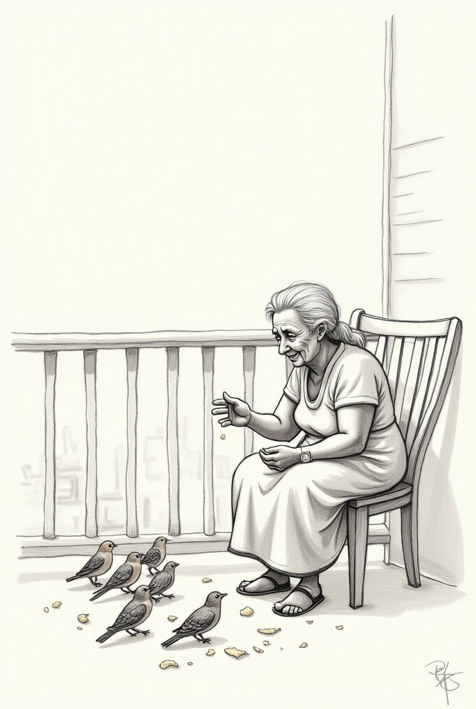 A grandmother feeding the sparrows in the balcony pencil sketch