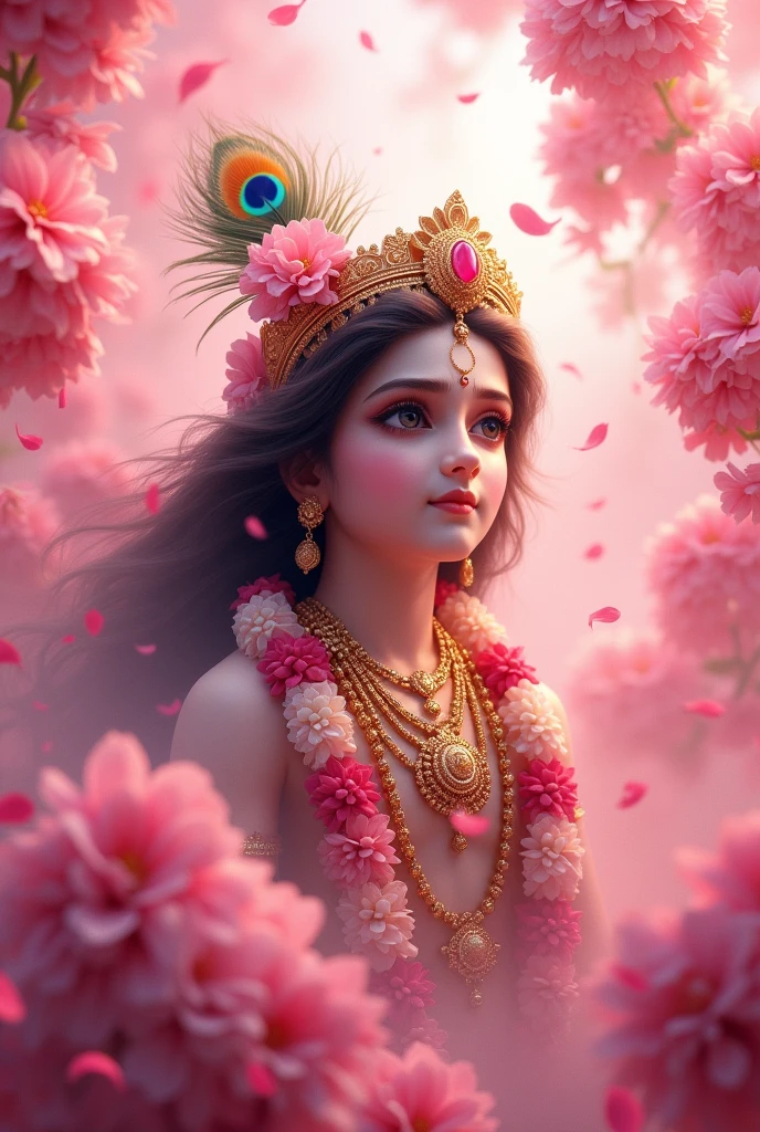 Create a image of lord Krishna with full pink background with pink flowers and flower rain 