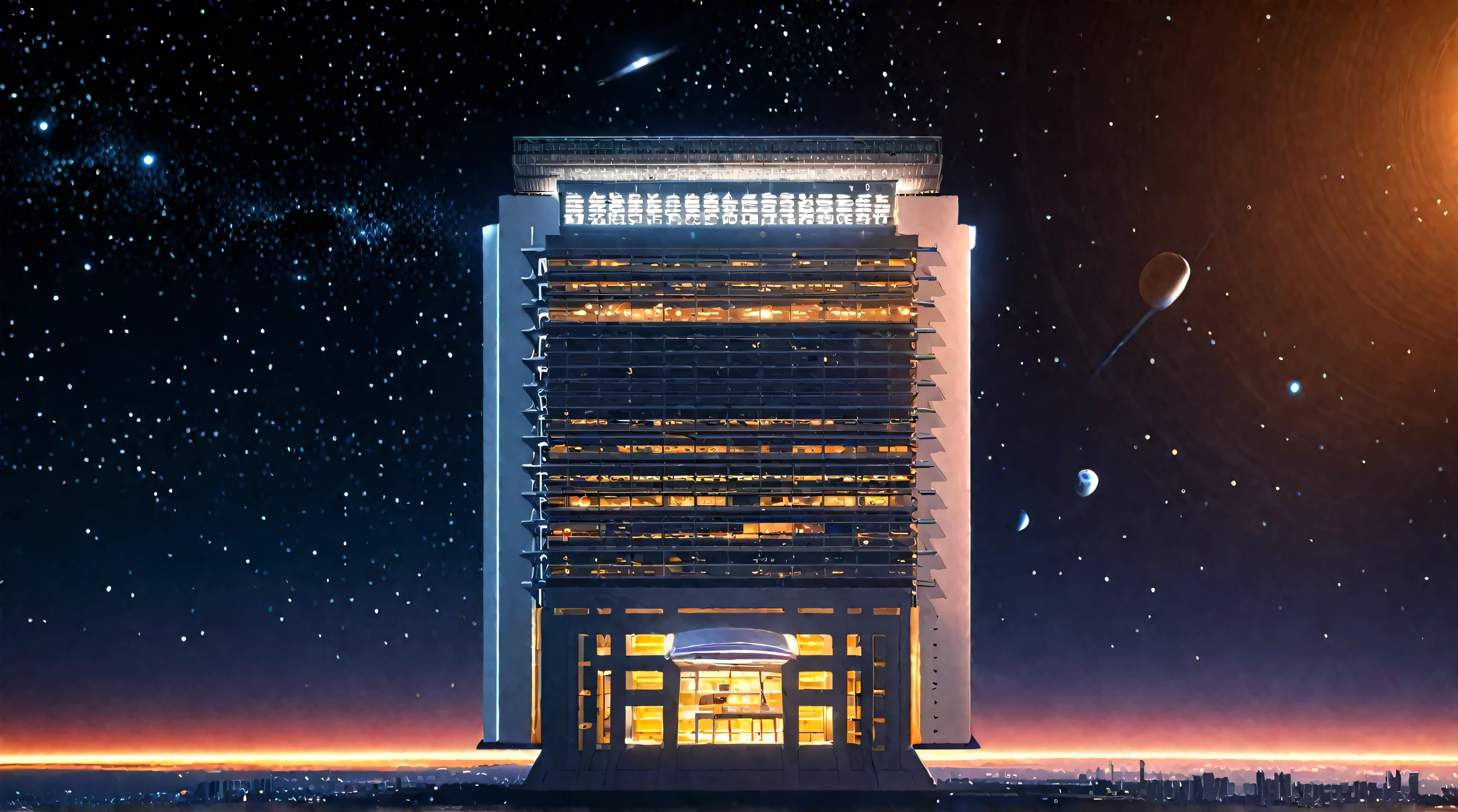 Future City Building,Tall buildings tower,The main building is the highest,night,Outer Space,spacecraft,Space base station,Planet Earth,Sci-fi style,Vertical composition,Interstellar background,Ultra wide-angle lens,Night lighting,spacecraft levitation,Space base station connection,Planet Earth Vision,Cool colors,Mystery。