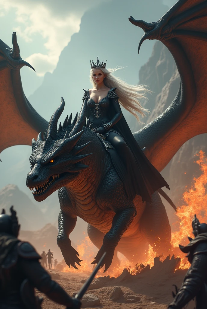 generate landscape picture, 1080p, beautiful woman with silver hair, sitting ride a dragon on its back, wearing black noble outfit,crowned by silver obsidian crown, surround by her enemies, the dragon spitting fire and burn the enemies