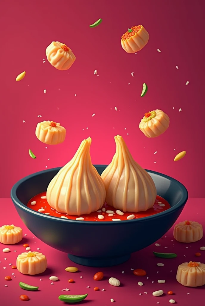 Make a banner momos write a slogan yammy and tasty ever you love colour dark pink and black paste some little momos with spicy souce use original momos write slogan 