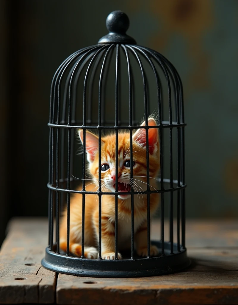 A yellow lemon kitten inside a black metal cage inside a farmer's house the cage is placed on a wooden table the yellow lemon kitten is crying badly