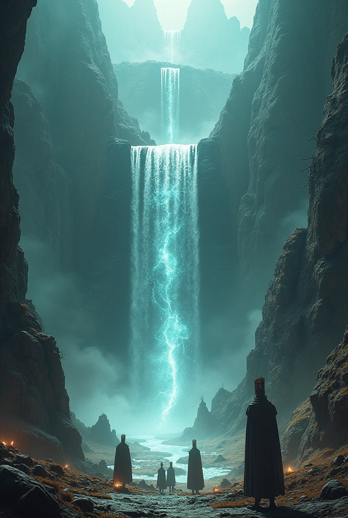 Three dimensional dimension separated by a torrent of water cascade and rock that separates each dimension with guardians placed at each place with symbols and artifacts in real image