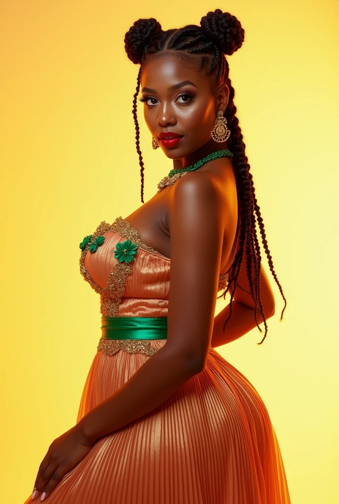 Vibrant studio portrait of a stunning female model standing confidently against a pure white backdrop. Soft studio lighting illuminates her radiant random hair cloth complexion, accentuating her bright sparkling gaze like diamonds. Her luscious black twin tails frame her breathtakingly large breasts adorned with glossy metallic accents in an over-the-top larger-than-life style. The vibrant pleated dress in shimmering winter hues swirls around her, drawing attention to the focal point: her resplendent oversized bust.Here is a high-quality, photorealistic prompt for the described image: A stunning Latina model with brown skin and short braided hair, wearing a beautiful white medieval gown with green belt on her waist and flower details on the neck. Her brown honey eyes sparkle as she smiles, looking to the side with a flirty pose. The studio lighting is cinematic, with sharp focus and intricate detailing. Her skin texture is authentic and highly detailed, with a fresh and clean appearance. She wears gold jewelry and a green choker, framing her perfect eyes. In this 9:16 shot, she's captured in mid-dance, with her hips swaying and her body radiating sensuality. The yellow hue of the background adds warmth to the scene, while her bright red lips and eyeliner add a touch of glamour. This masterpiece is rendered at an incredible 32k resolution, with HDR quality and stunningly beautiful details.