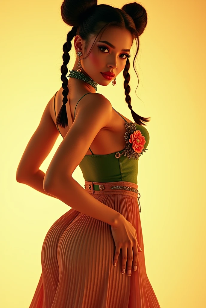 Vibrant studio portrait of a stunning female model standing confidently against a pure white backdrop. Soft studio lighting illuminates her radiant random hair cloth complexion, accentuating her bright sparkling gaze like diamonds. Her luscious black twin tails frame her breathtakingly large breasts adorned with glossy metallic accents in an over-the-top larger-than-life style. The vibrant pleated dress in shimmering winter hues swirls around her, drawing attention to the focal point: her resplendent oversized bust.Here is a high-quality, photorealistic prompt for the described image: A stunning Latina model with brown skin and short braided hair, wearing a beautiful white medieval gown with green belt on her waist and flower details on the neck. Her brown honey eyes sparkle as she smiles, looking to the side with a flirty pose. The studio lighting is cinematic, with sharp focus and intricate detailing. Her skin texture is authentic and highly detailed, with a fresh and clean appearance. She wears gold jewelry and a green choker, framing her perfect eyes. In this 9:16 shot, she's captured in mid-dance, with her hips swaying and her body radiating sensuality. The yellow hue of the background adds warmth to the scene, while her bright red lips and eyeliner add a touch of glamour. This masterpiece is rendered at an incredible 32k resolution, with HDR quality and stunningly beautiful details.